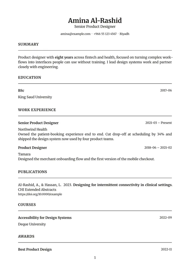 A résumé page rendered in English with the Academic template