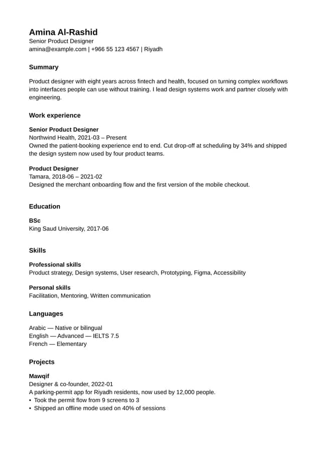 A résumé page rendered in English with the ATS-safe template