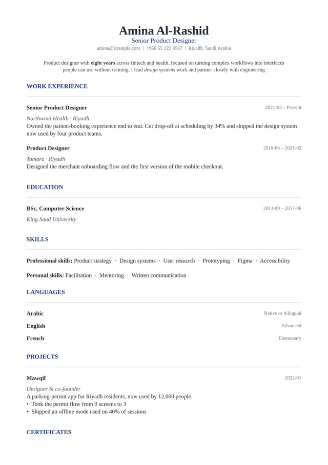 A résumé page rendered in English with the Classic template