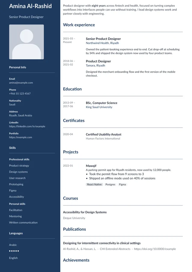 A résumé page rendered in English with the Cobalt template