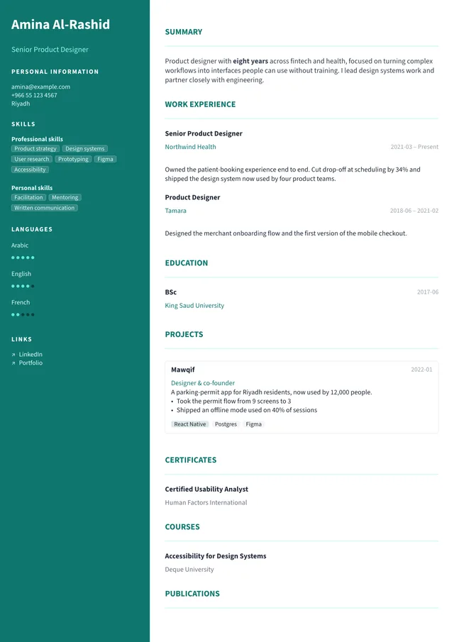 A résumé page rendered in English with the Creative template
