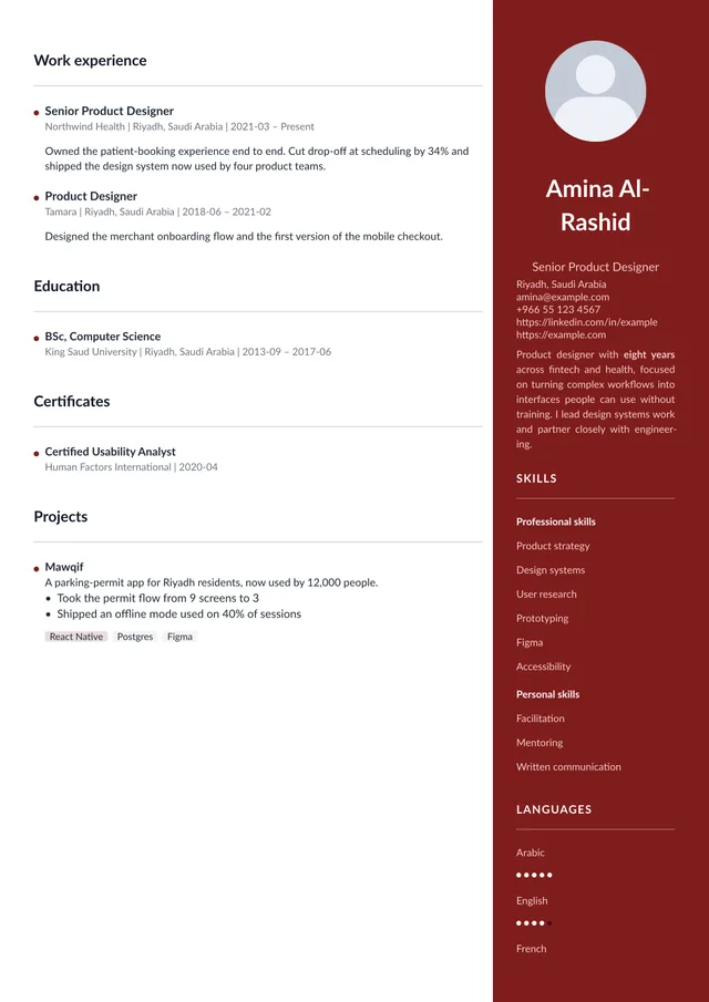 A résumé page rendered in English with the Garnet template