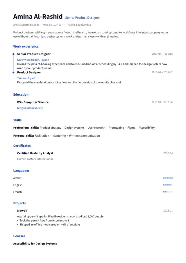 A résumé page rendered in English with the Masar template