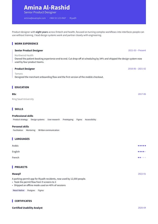 A résumé page rendered in English with the Modern template