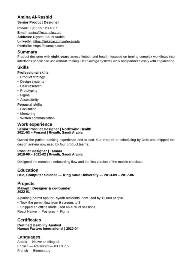 A résumé page rendered in English with the November template