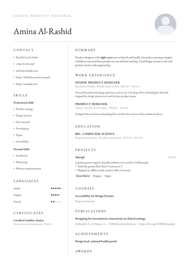 A résumé page rendered in English with the Quill template